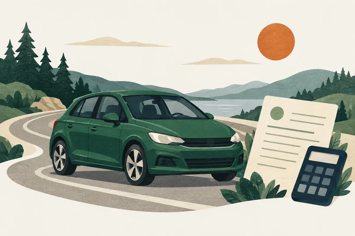 Illustration of a green car on a winding road beside a registration document and calculator