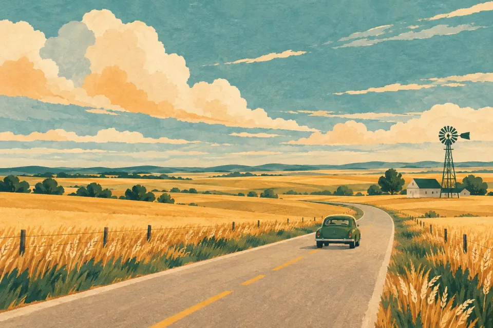 A road crosses the Great Plains beneath an open sky.