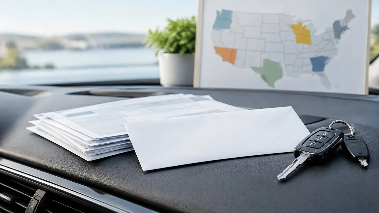 Car keys and registration papers sit beside a map of the United States.