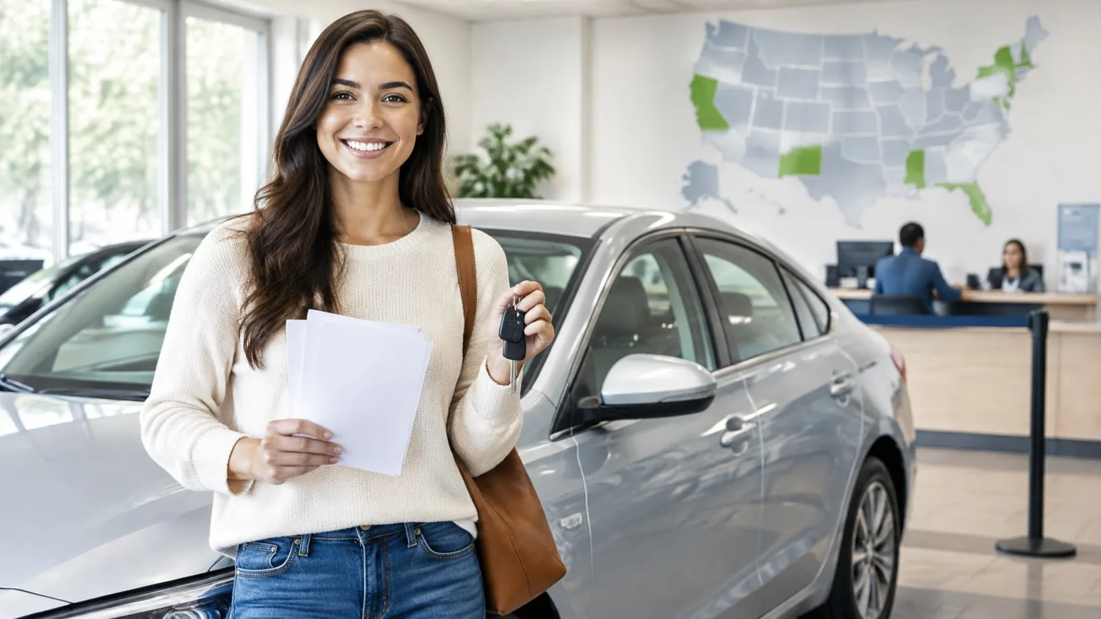 A person holding car keys and paperwork beside a sedan at a vehicle registration office.