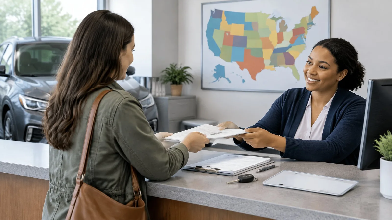 A customer presents vehicle documents to a clerk at a registration counter, with a map of the United States nearby.