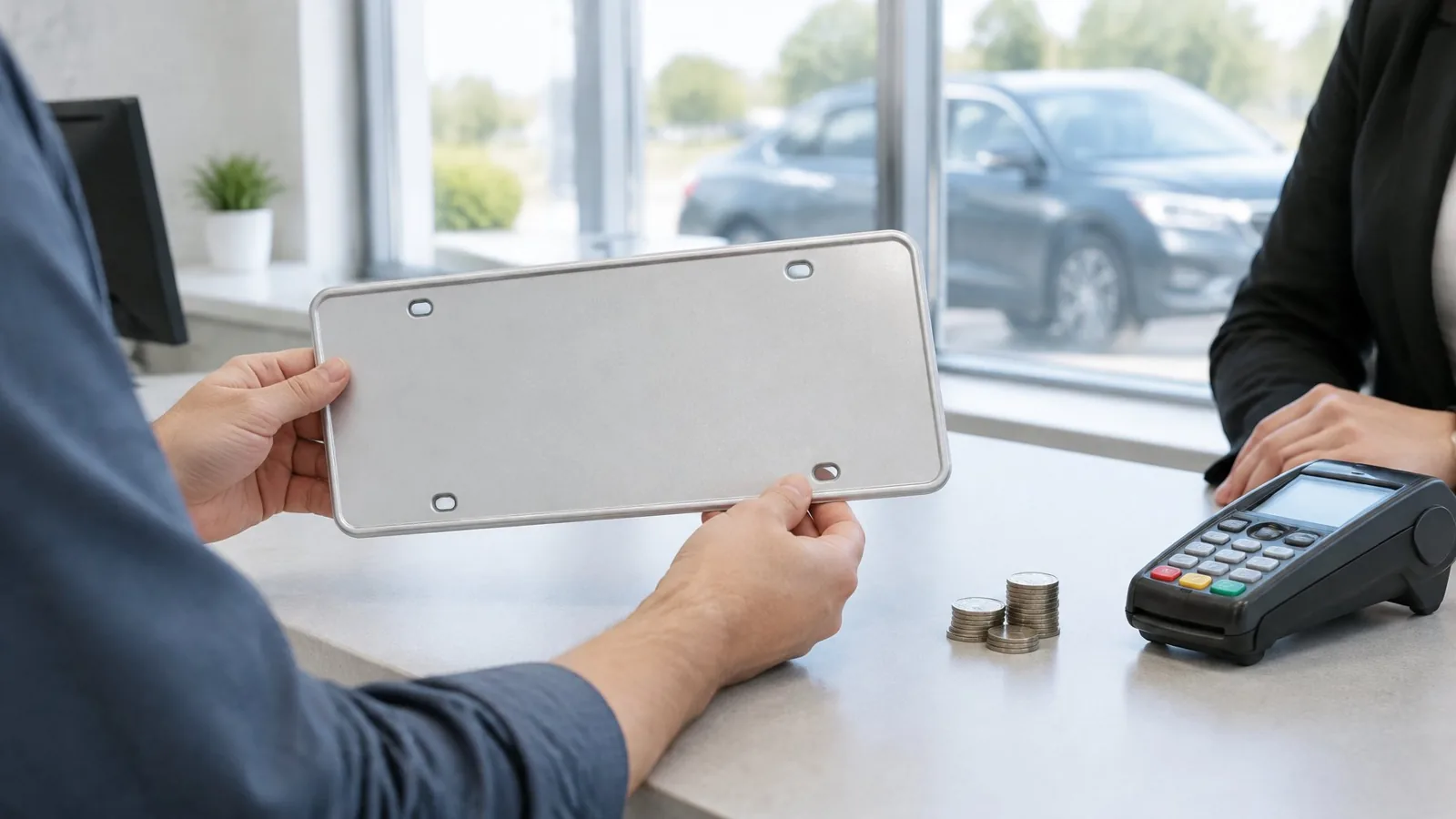 Hands compare a blank license plate with coins at a service counter.