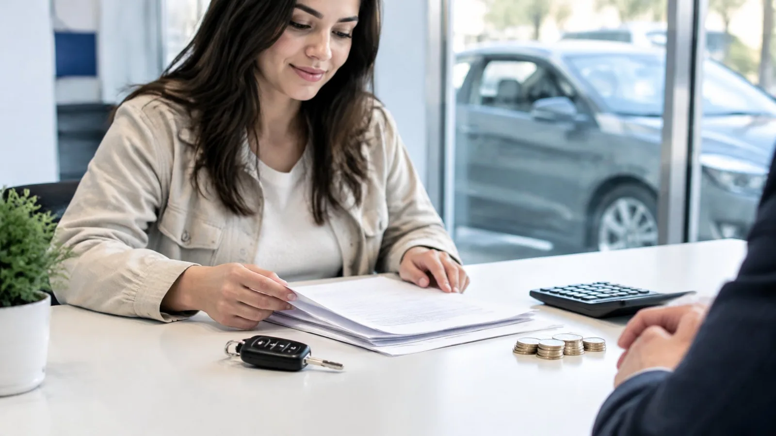 A person reviews paperwork and car keys at a service counter.