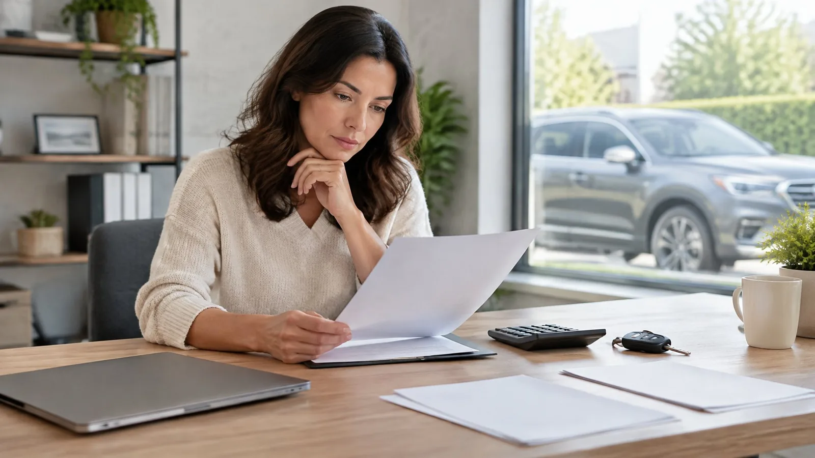 A business owner reviews paperwork and uses a calculator at a desk, with car keys nearby and a vehicle outside.