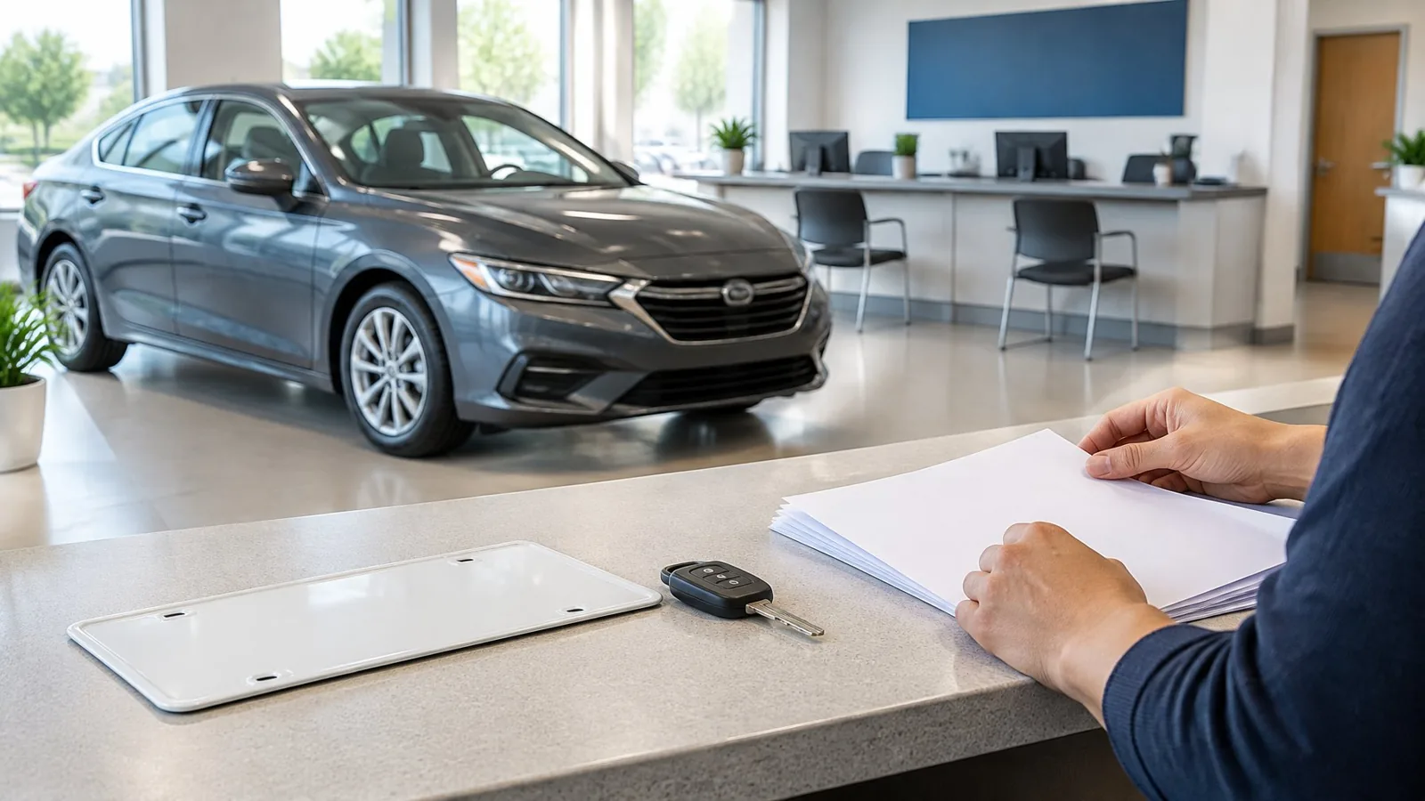 A person holds paperwork beside a parked car.
