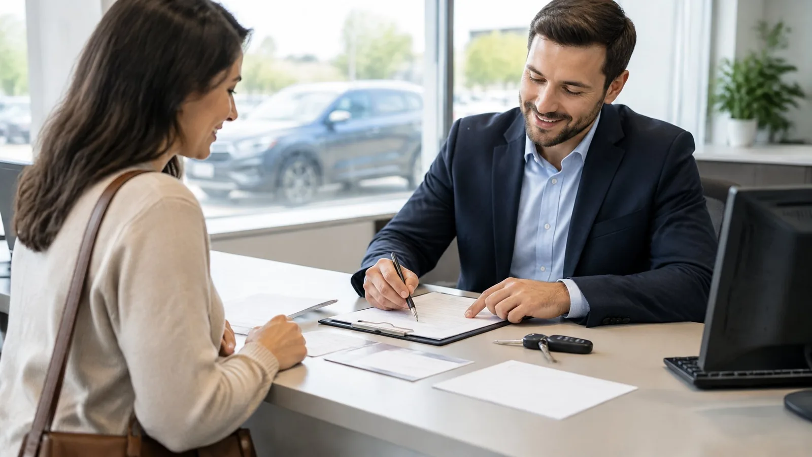 A person completes vehicle registration paperwork at a service counter while a staff member assists.