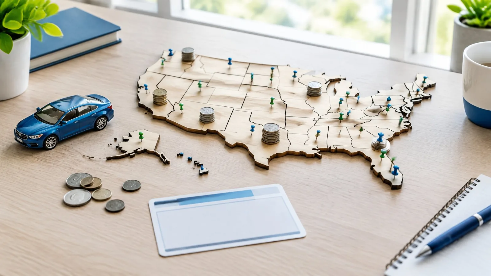 A toy car, coins, and a blank map of the United States on a desk.