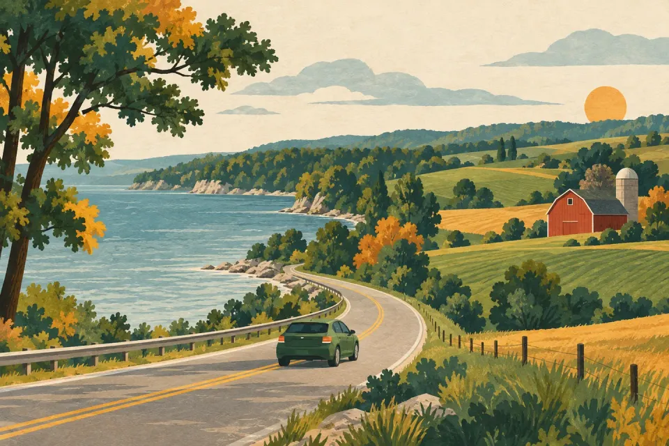 A road passes Midwestern farmland and a lakeshore.