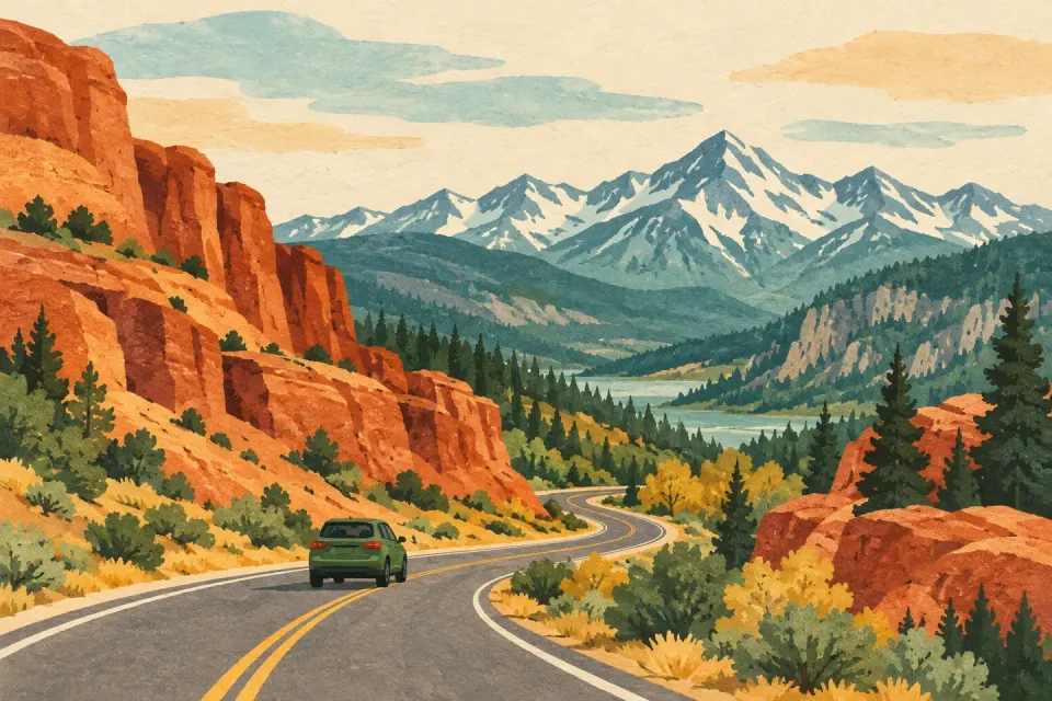 A winding road passes sandstone and mountains in the American West.