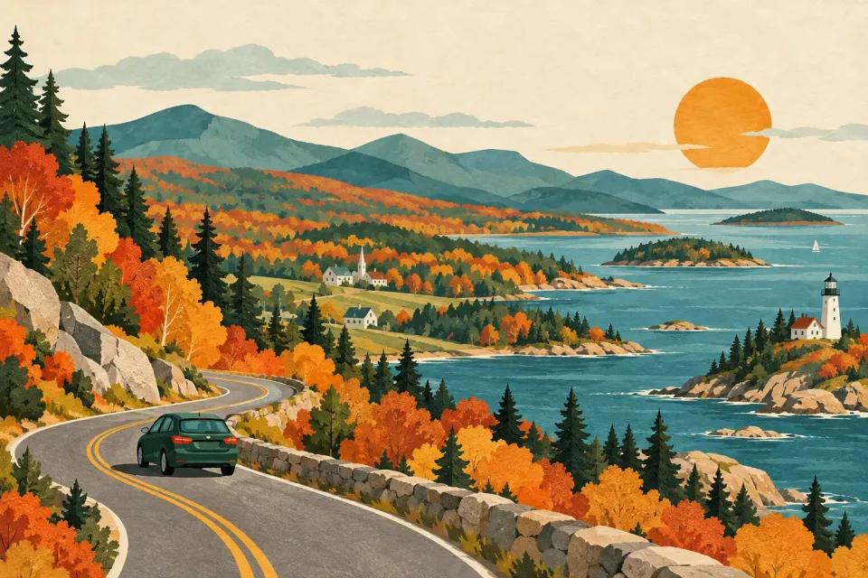 A green car travels through autumn hills beside a Northeast lighthouse and bay.