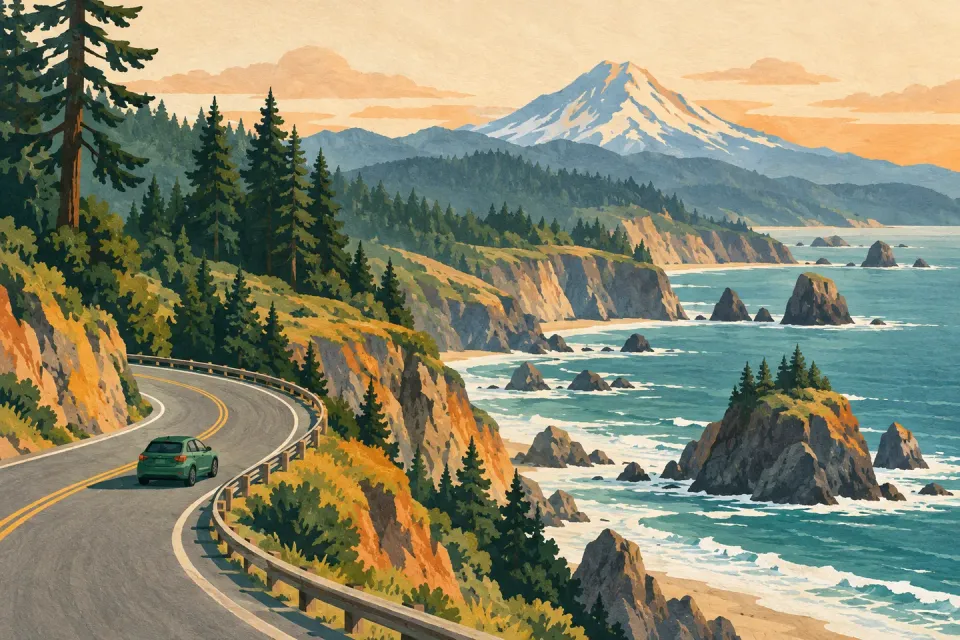 A coastal road follows Pacific cliffs beside evergreen trees.