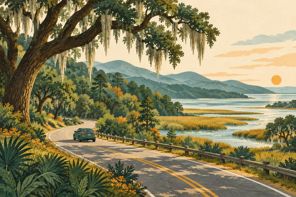 A quiet road winds through the Southeast’s green hills and coastal landscape.